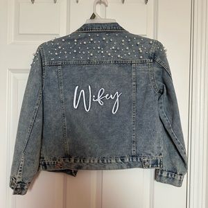 David’s bridal wifey jean jacket with pearls all over the shoulders and top back